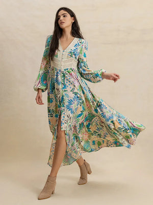 Slit Printed V-Neck Long Sleeve Midi Dress - Makw Official Site