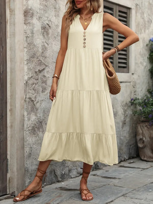 Ivy Lane Decorative Button Notched Sleeveless Dress - Makw Official Site