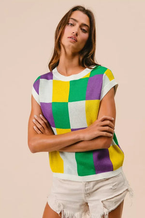 BiBi Mardi Gras Checker Pattern Sleeveless Sweater Top - Makw Official Site