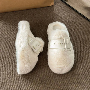 Faux Fur Buckle Slippers - Makw Official Site