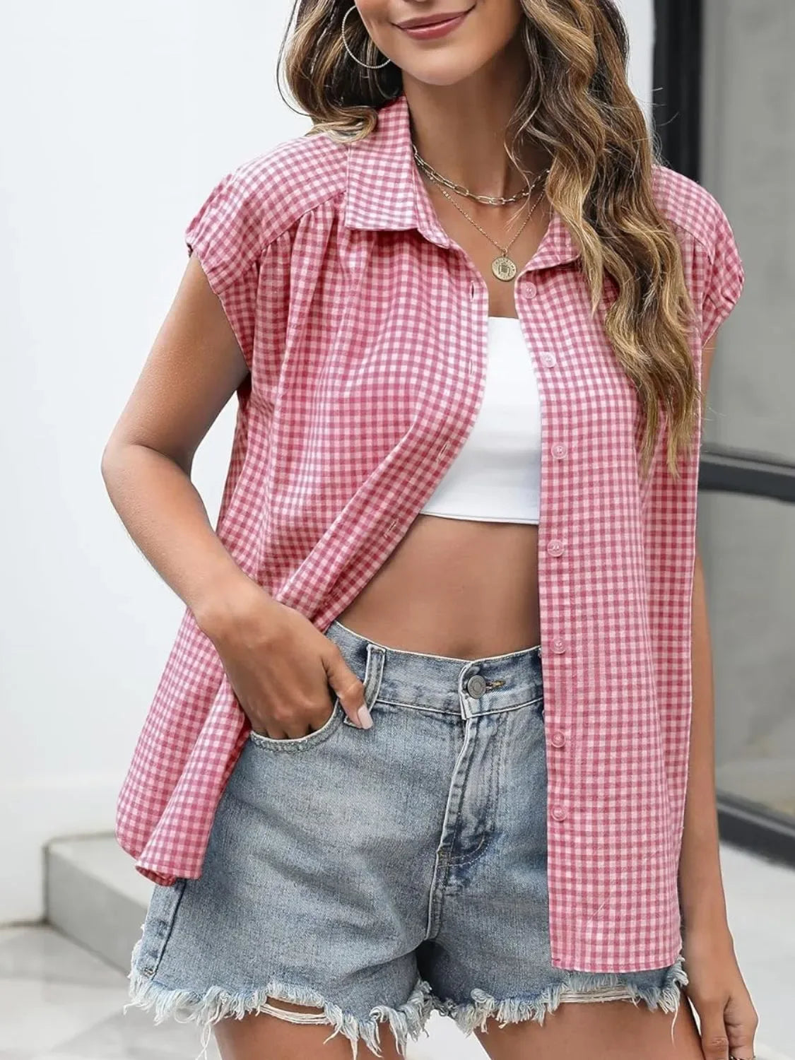 Plaid Button Up Cap Sleeve Shirt - Makw Official Site