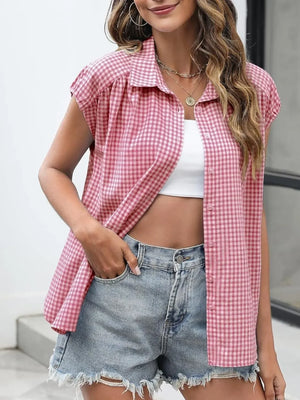 Plaid Button Up Cap Sleeve Shirt - Makw Official Site