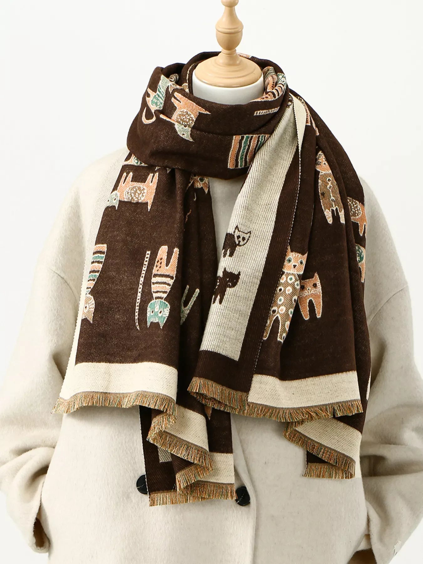 Cute Cat Pattern Raw Hem Scarf - Makw Official Site