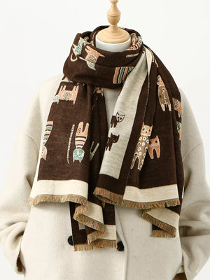 Cute Cat Pattern Raw Hem Scarf - Makw Official Site