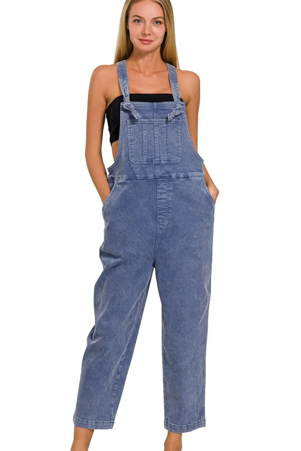Zenana Washed Knot Strap Relaxed Fit Overalls - Makw Official Site