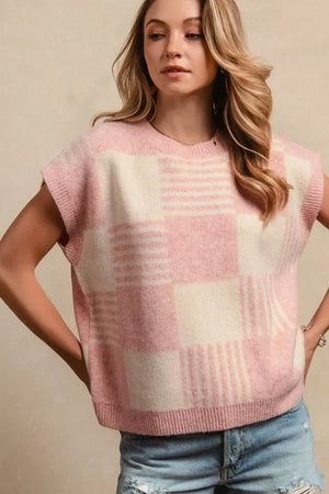BiBi Checker With Stripes Pattern Sleeveless Sweater - Makw Official Site