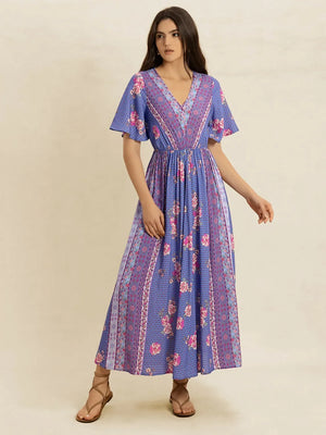 Printed Short Sleeve Midi Dress - Makw Official Site