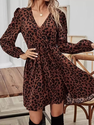 Leopard Print V-Neck Long Sleeve Mini Dress - Makw Official Site