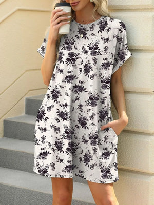 Printed Round Neck Short Sleeve Mini Dress - Makw Official Site