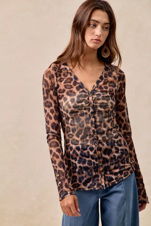 BiBi Leopard Printed Mesh Shirt With Button Up V Neck - Makw Official Site