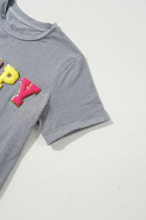 HOPPY Chenille Patch Round Neck Short Sleeve T-Shirt - Makw Official Site