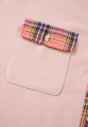 Waffle Knit Plaid Patchwork Drawstring Hooded Shacket - Makw Official Site