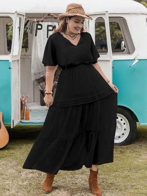 Plus Size Tie Neck Flutter Sleeve Dress - Makw Official Site