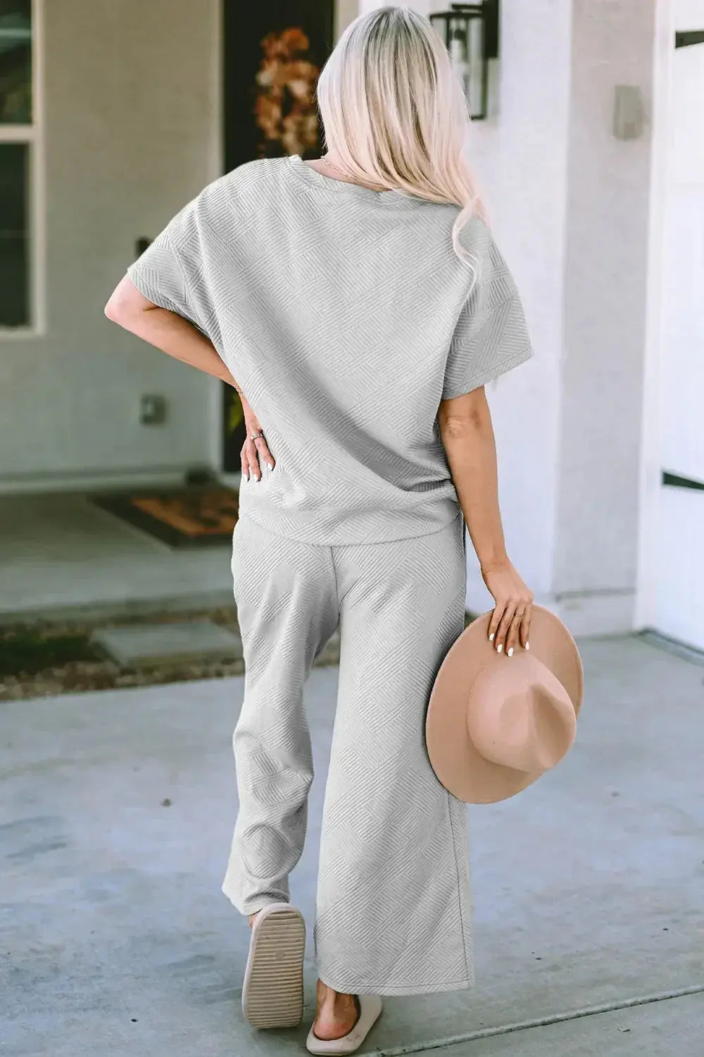 Double Take Full Size Texture Short Sleeve Top and Pants Set - Makw Official Site