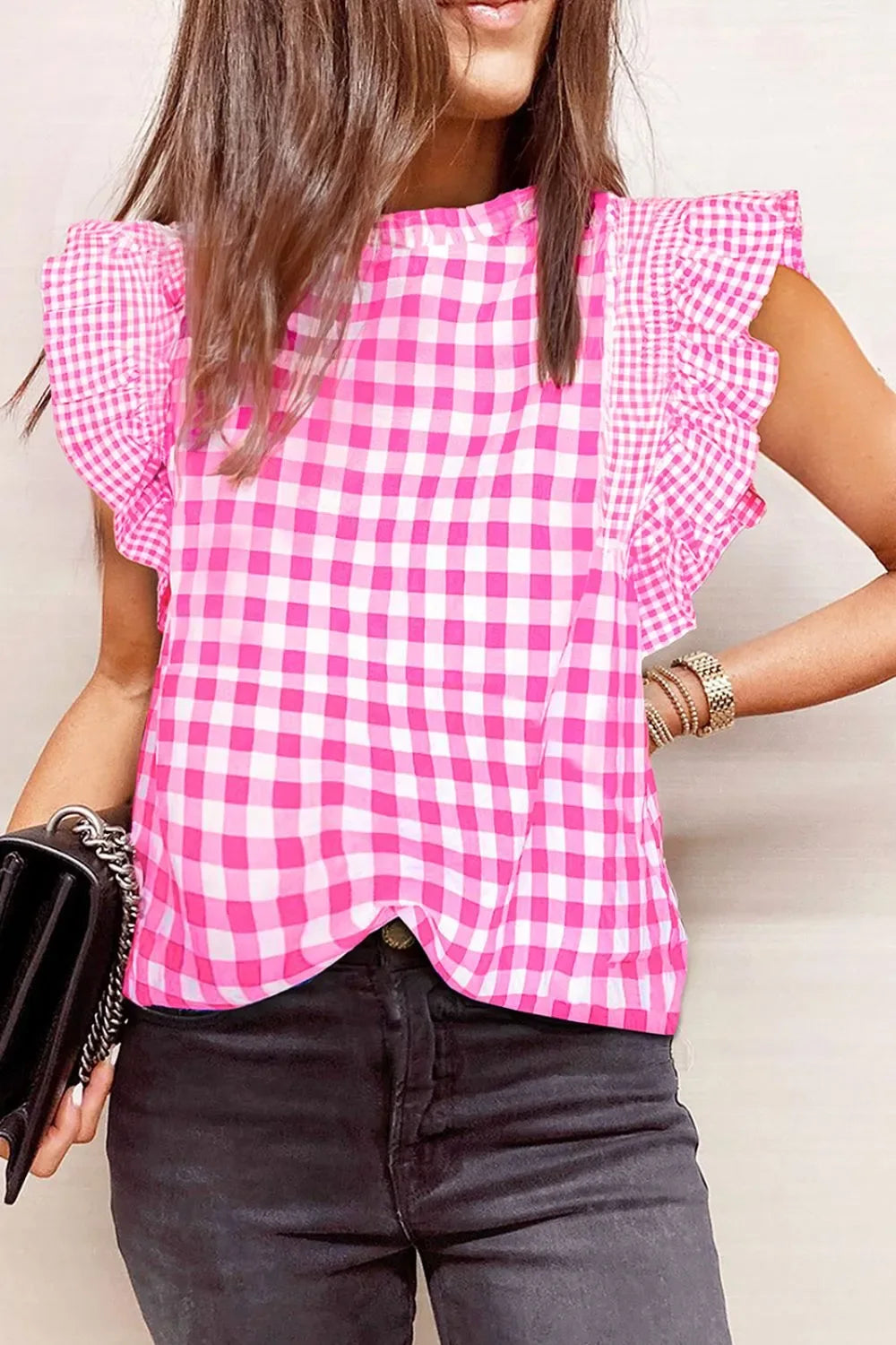 Checkered Ruffled Sleeve Frilled Neck Blouse - Makw Official Site