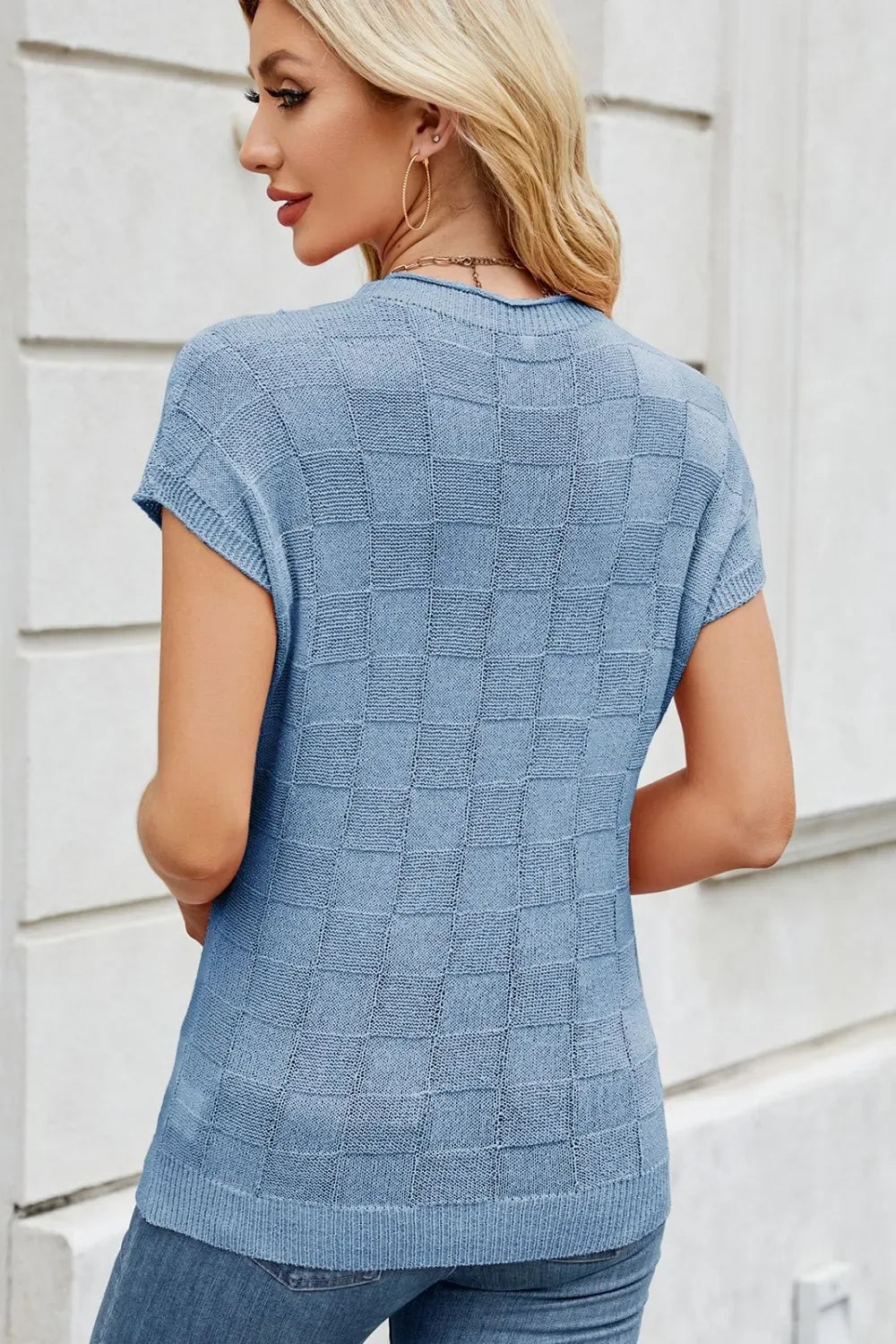 Checkered Round Neck Short Sleeve Knit Top - Makw Official Site