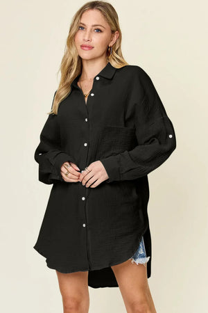Double Take Full Size Pocketed Texture Button Up Shirt - Makw Official Site