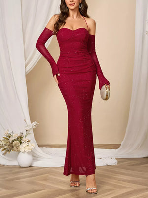 Glitter Sweetheart Neck Long Sleeve Maxi Dress - Makw Official Site