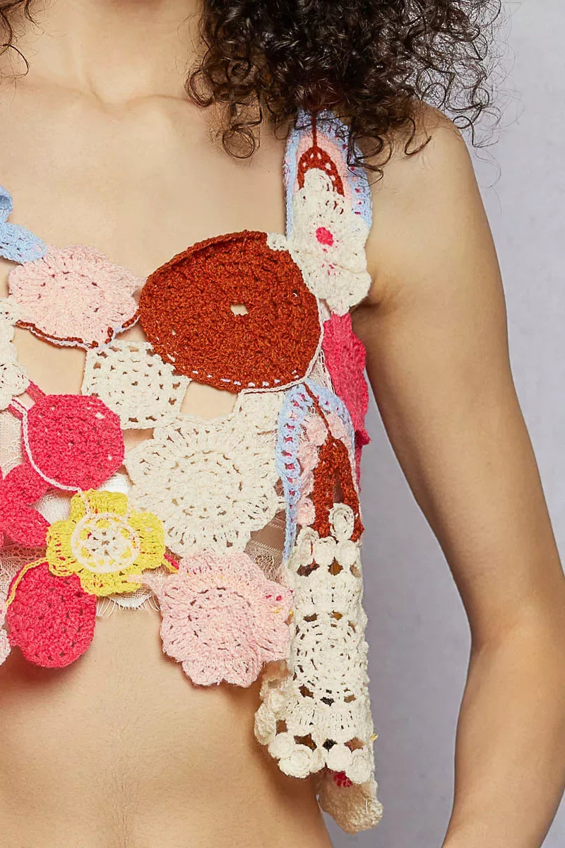 POL Openwork Floral Cropped Crochet Cami - Makw Official Site
