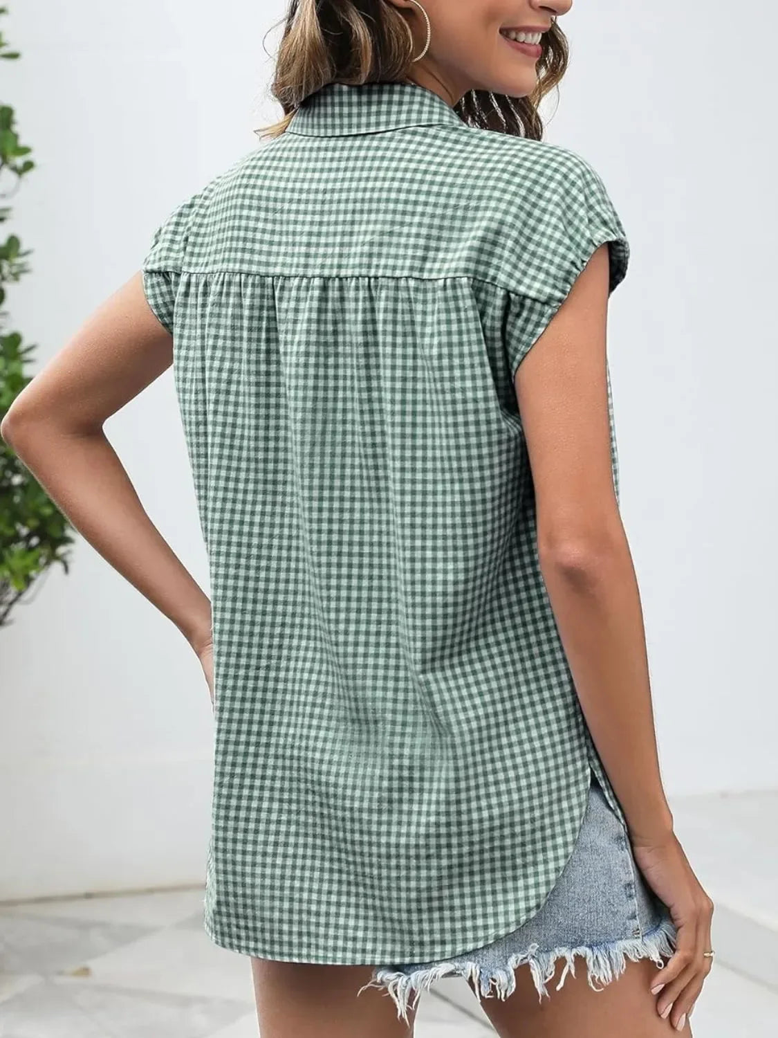 Plaid Button Up Cap Sleeve Shirt - Makw Official Site