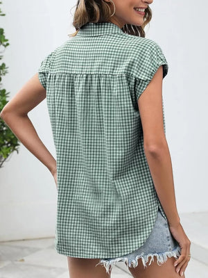 Plaid Button Up Cap Sleeve Shirt - Makw Official Site