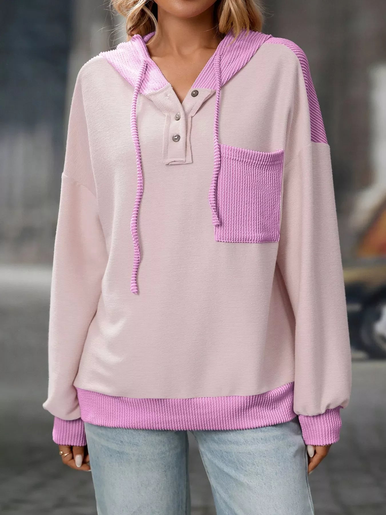 Casual Color Block Button Detail Hoodie - Makw Official Site