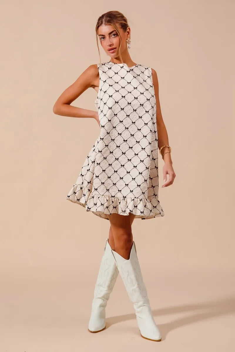 SO ME Texture Bow Printed Mini Ruffle Dress - Makw Official Site