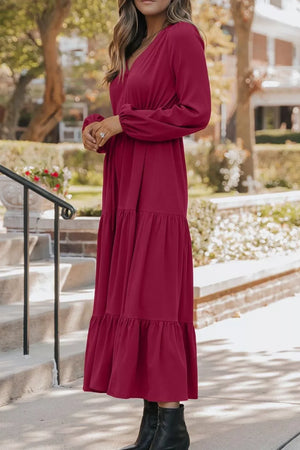 Long Sleeve Button V Neck Tiered Dress - Makw Official Site