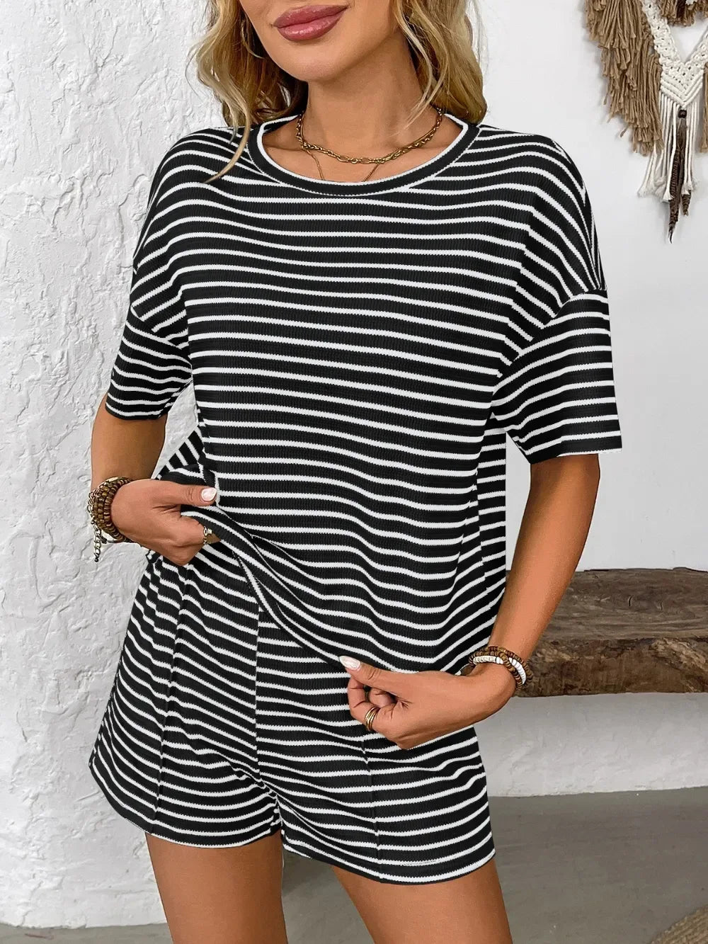 Striped Round Neck Short Sleeve Top and Shorts Set - Makw Official Site