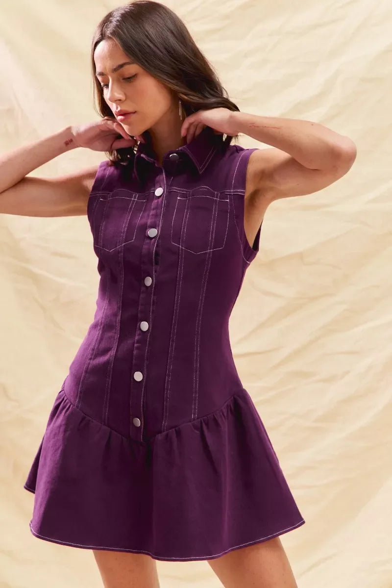 SO ME Button Down Sleeveless Collared Game Day Mini Dress - Makw Official Site