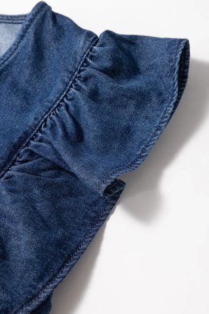 Denim Ruffled Zipped Front Belted Romper - Makw Official Site