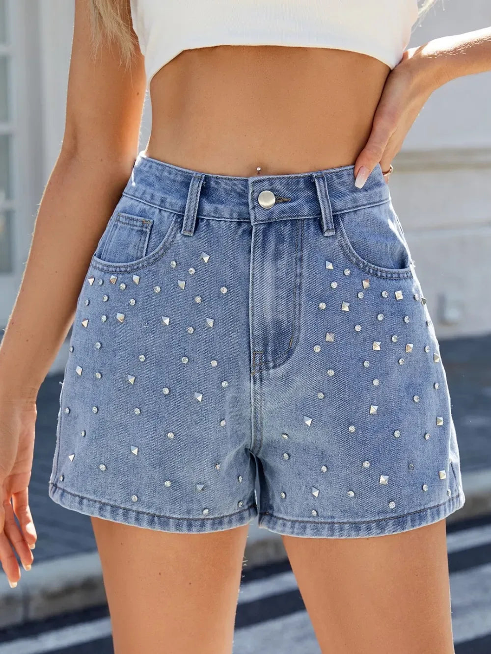 Rhinestone Washed High Waist Denim Shorts - Makw Official Site