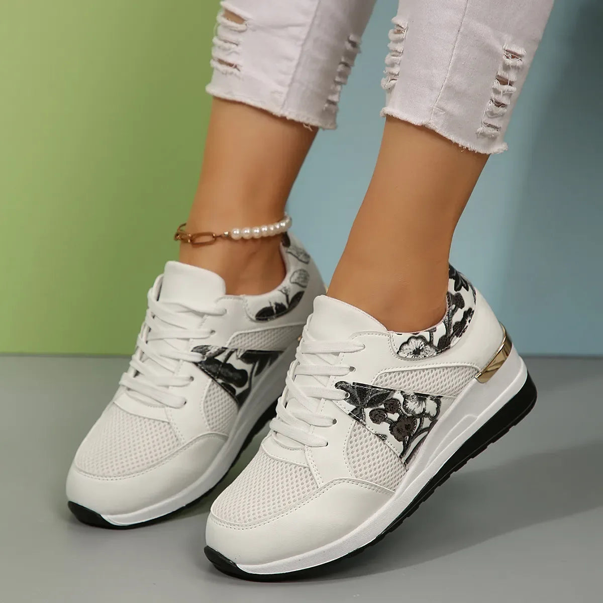 Floral Mesh Wedge Athletic - Makw Official Site