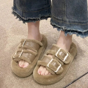 Fuzzy Buckle Detail Slippers - Makw Official Site
