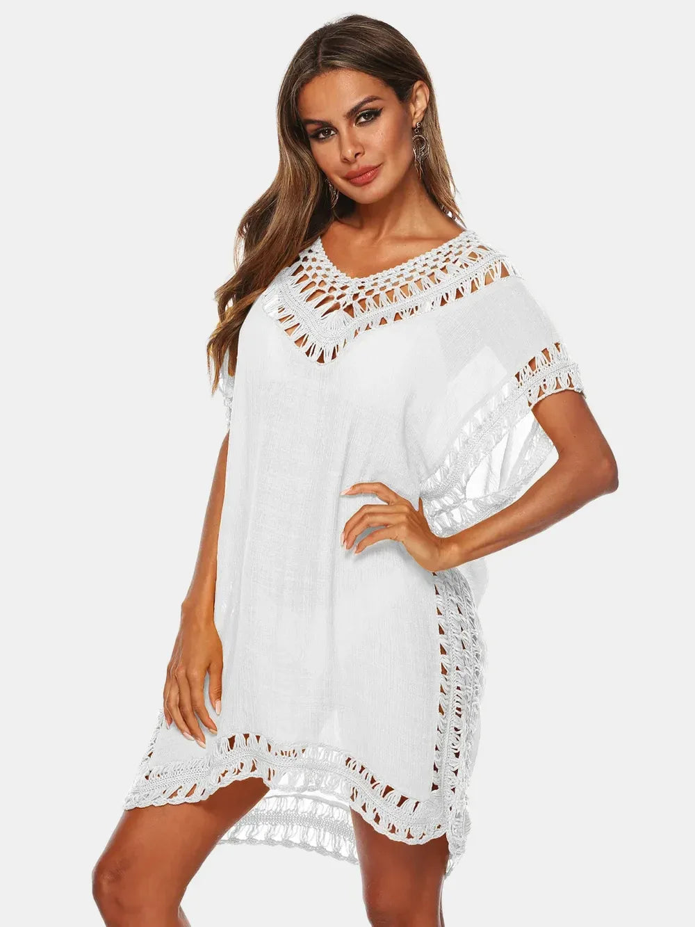 Cutout V-Neck Short Sleeve Cover-Up - Makw Official Site