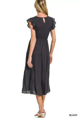 Zenana Woven Smocked Ruffle Sleeve Midi Dress - Makw Official Site