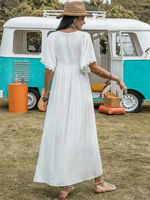 Lace Detail Eyelet V-Neck Half Sleeve Dress - Makw Official Site