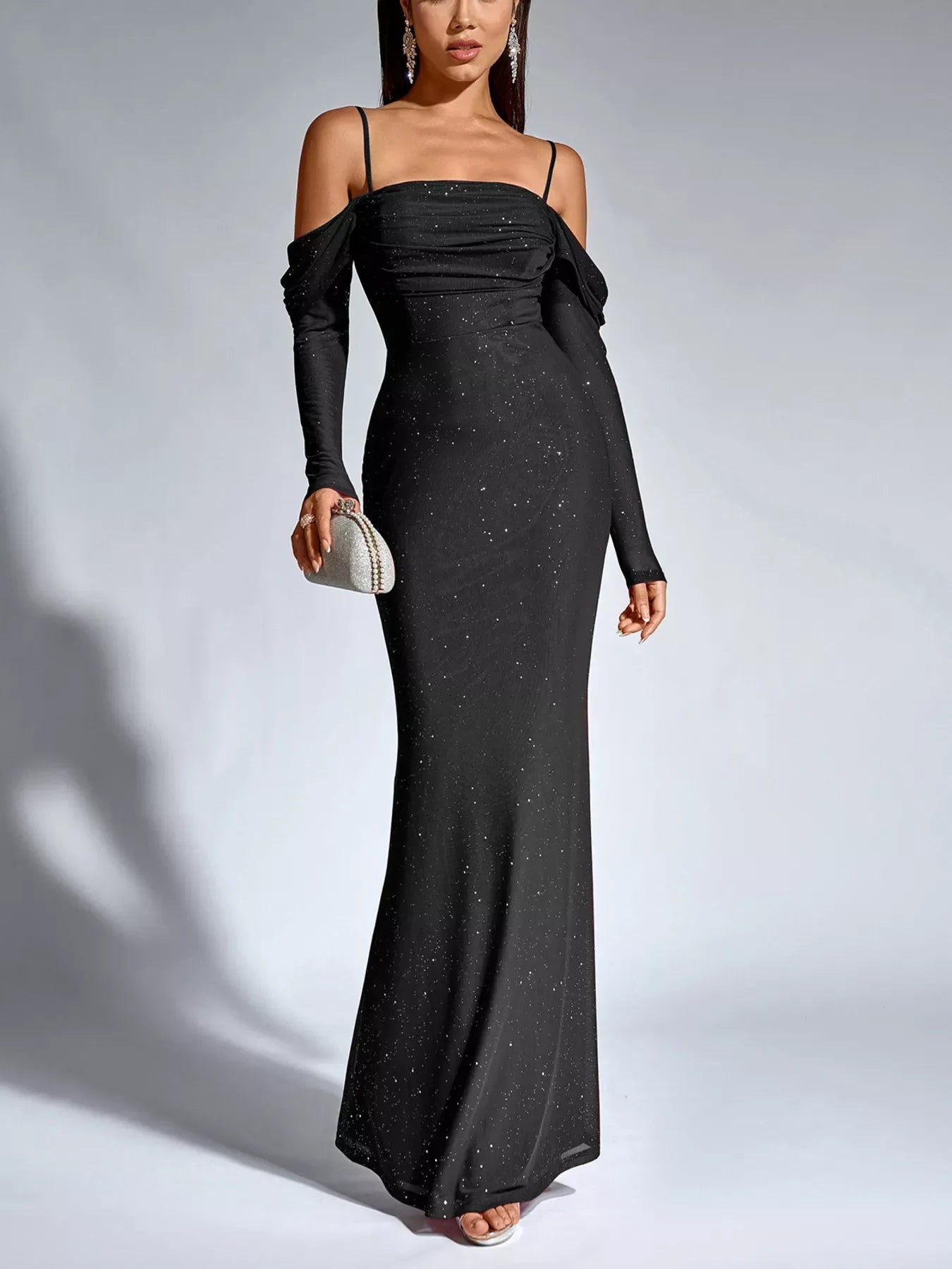 Glitter Ruched Long Sleeve Mermaid Maxi Dress - Makw Official Site