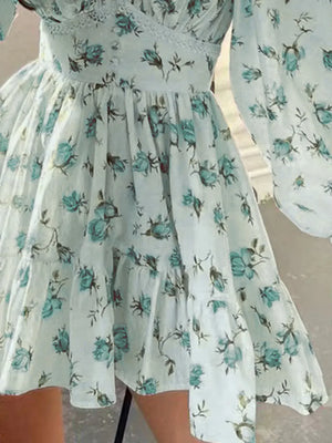 Lace Detail V-Neck Balloon Sleeve Dress - Makw Official Site