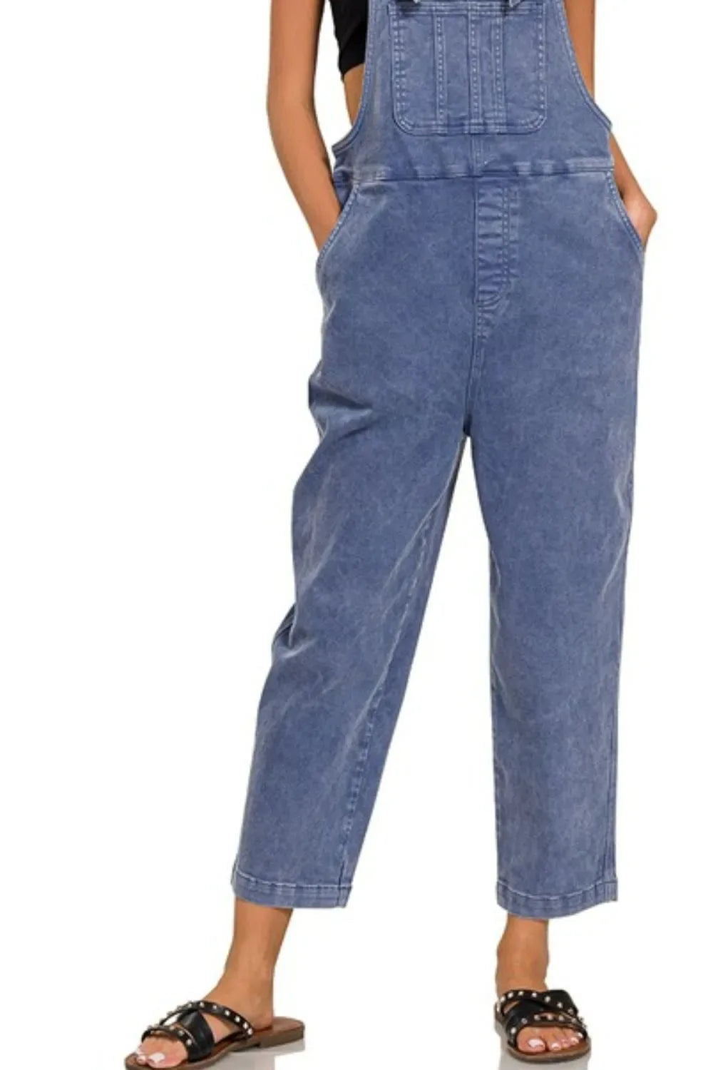 Zenana Washed Knot Strap Relaxed Fit Overalls - Makw Official Site