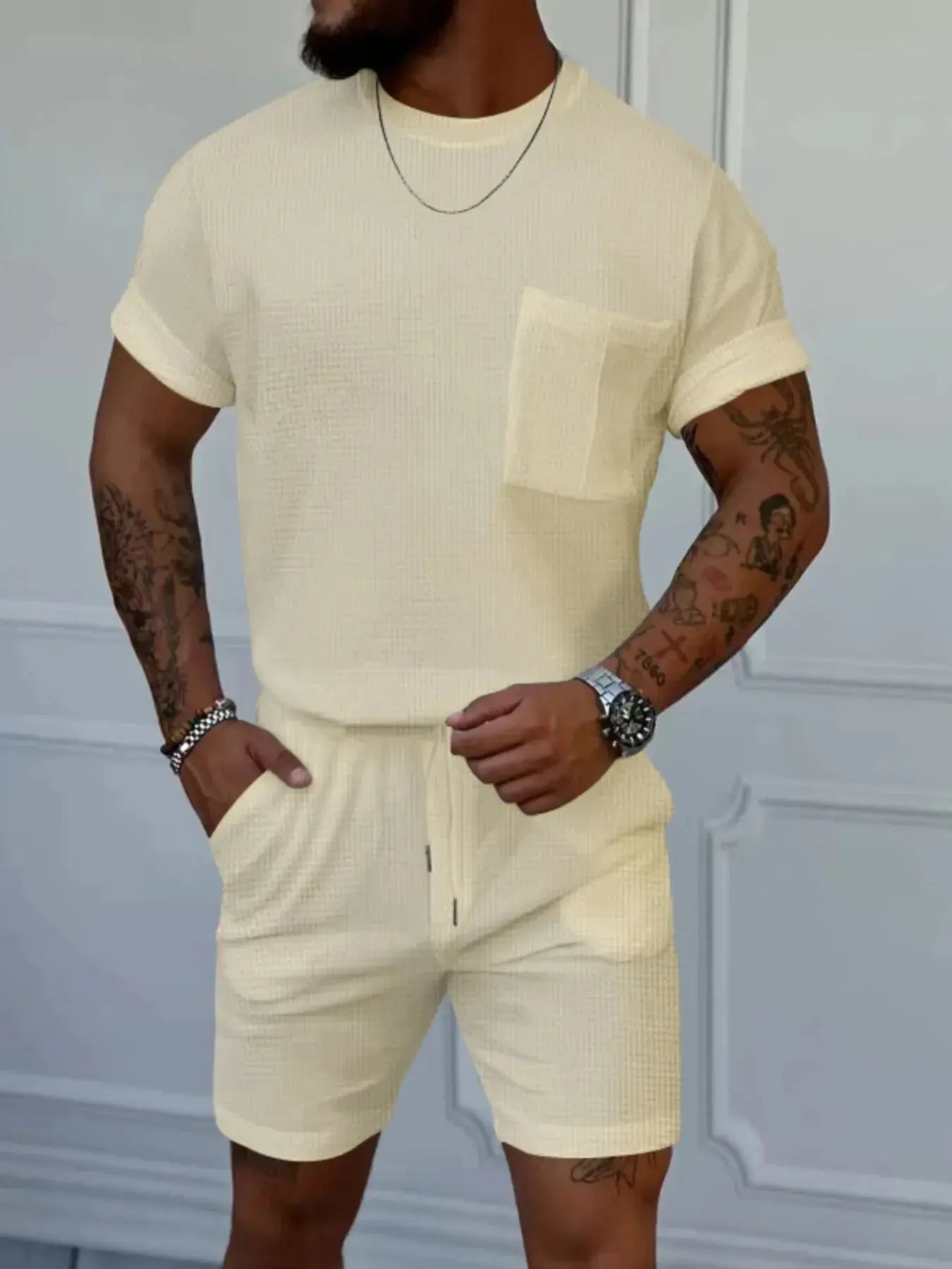 Men's Full Size Round Neck Short Sleeve Top and Shorts Set Plus Size - Makw Official Site