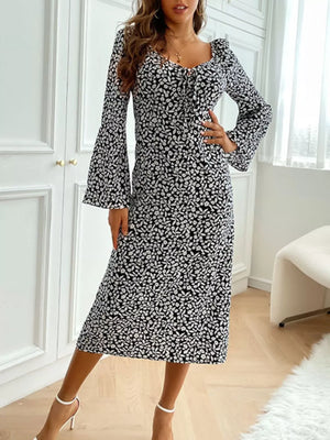 Printed Tie Flare Sleeve Midi Dress - Makw Official Site