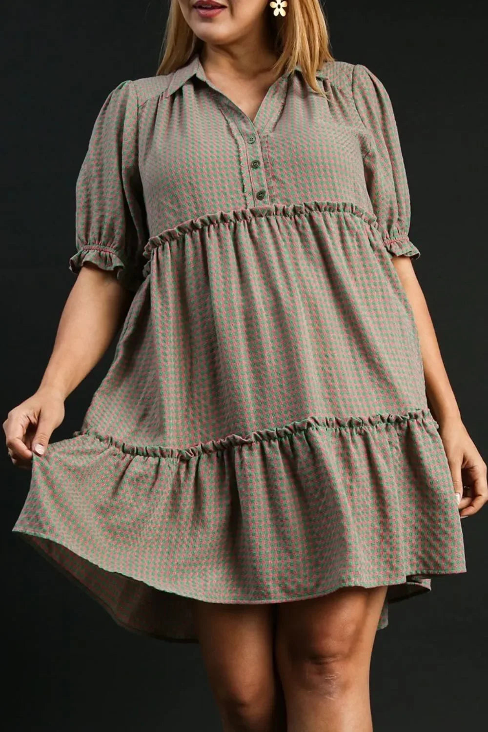 Umgee Full Size Plaid Frill Button Detail Ruffled Short Sleeve Dress Plus Size - Makw Official Site