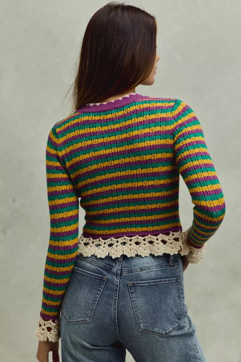 SO ME Mardi Gras Striped Cropped Knit Top with Crochet Edge - Makw Official Site