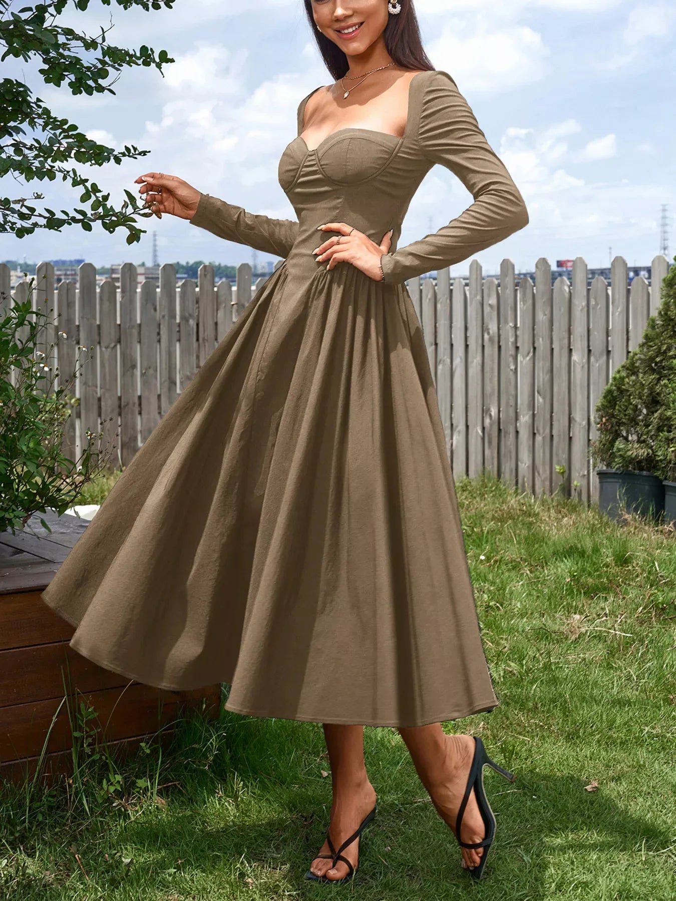 Sweetheart Neckline Long Sleeve A-Line Midi Dress - Makw Official Site