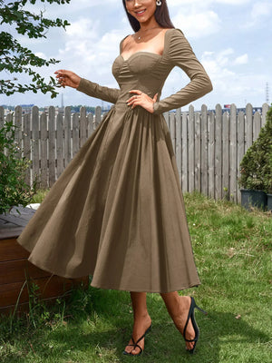 Sweetheart Neckline Long Sleeve A-Line Midi Dress - Makw Official Site