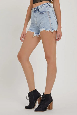 RISEN Full Size High Rise Rhinestone Strap Embellished Denim Shorts - Makw Official Site
