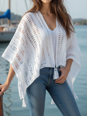 Openwork Tassel Open Front Knit Cover Up - Makw Official Site