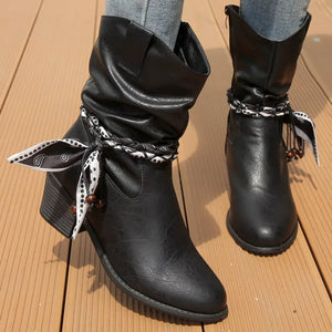 Braided Detail Western Boots with Block Heels - Makw Official Site