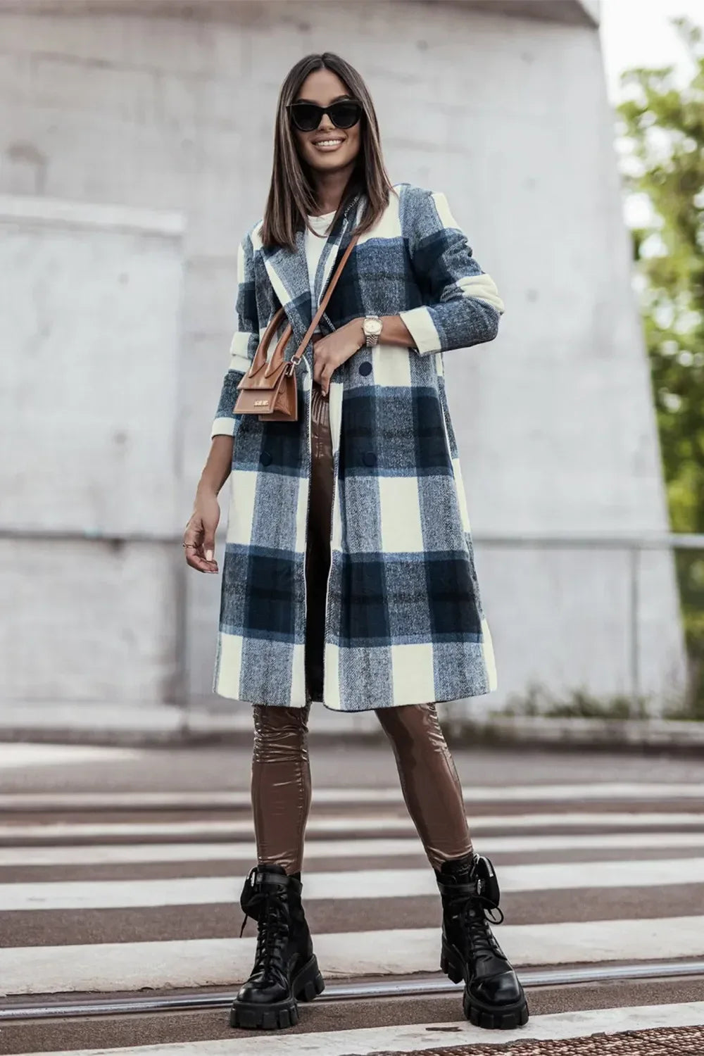 Double Take Full Size Plaid Button Up Lapel Collar Coat - Makw Official Site